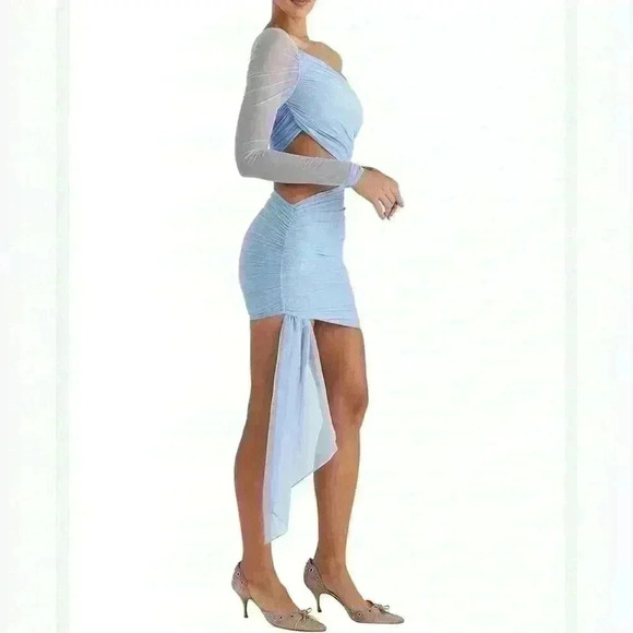 Mistress Rocks Hazy Blue Asymmetric Cutout Dress in Blue size large plus - Picture 3 of 10